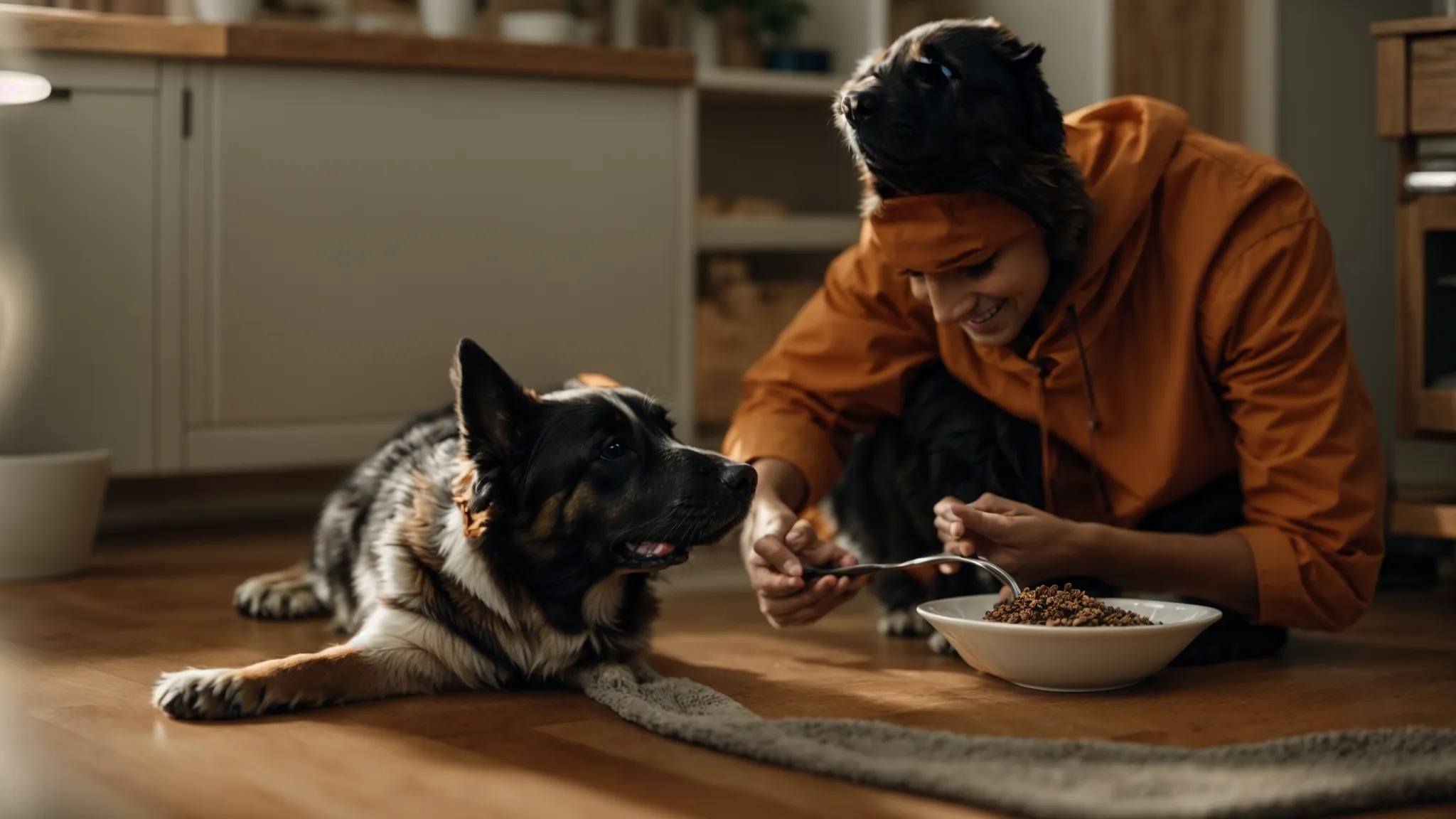 a smiling person setting a bowl of dr. marty’s nature’s blend on the floor as an eager dog sits in front.