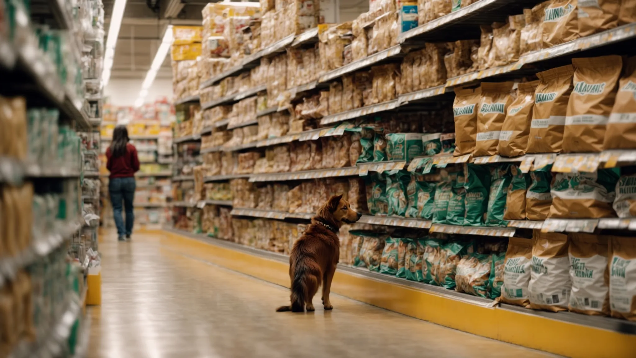 a pet owner examines a large bag of badlands ranch dog food in a well-stocked pet store aisle.