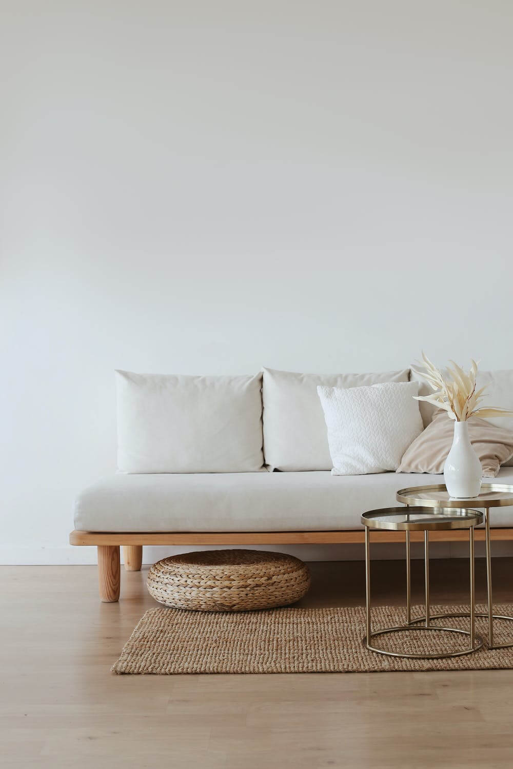 a white couch with a table