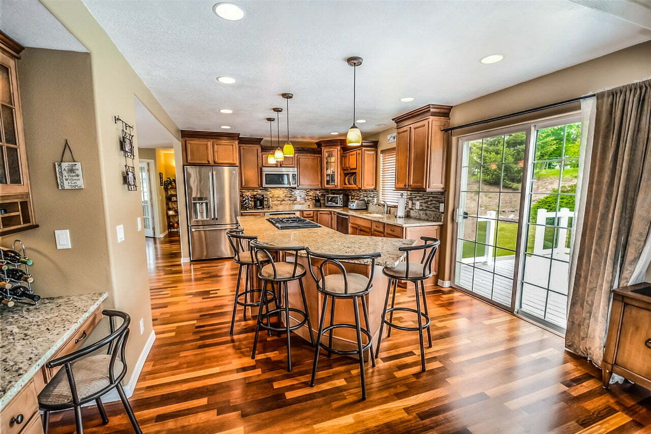 a kitchen with a dining table