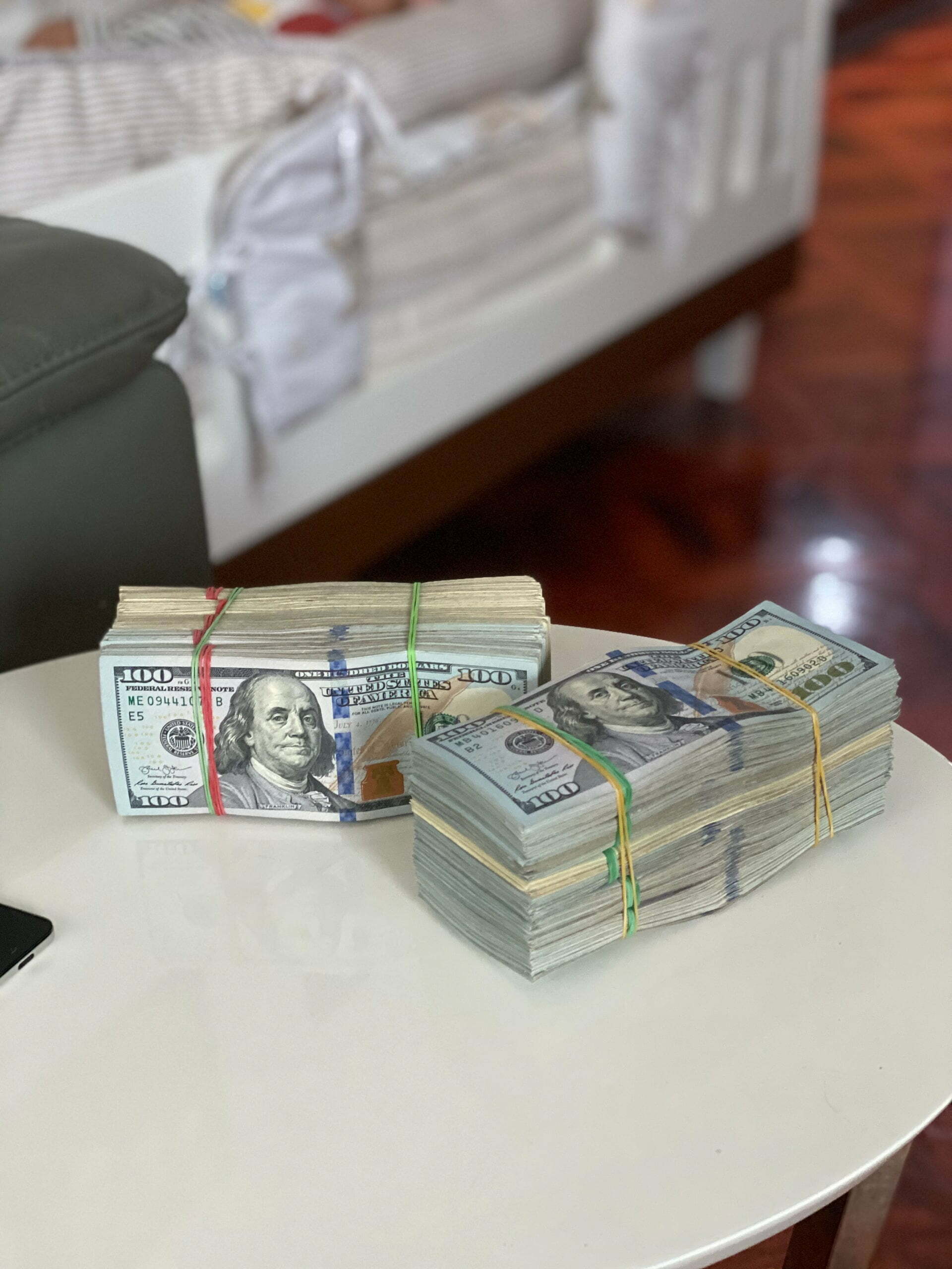 a stack of money on a table