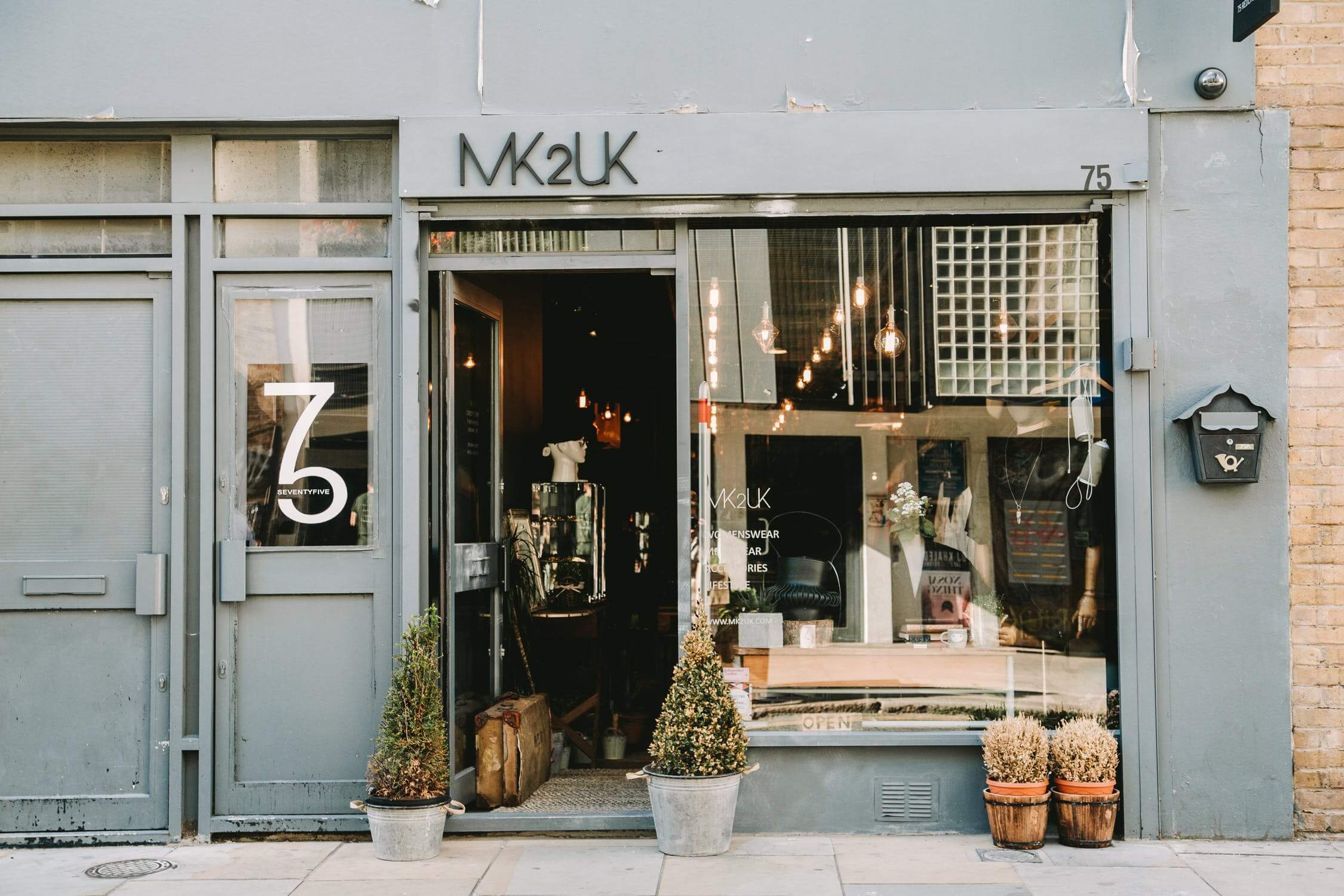 a store front with a door