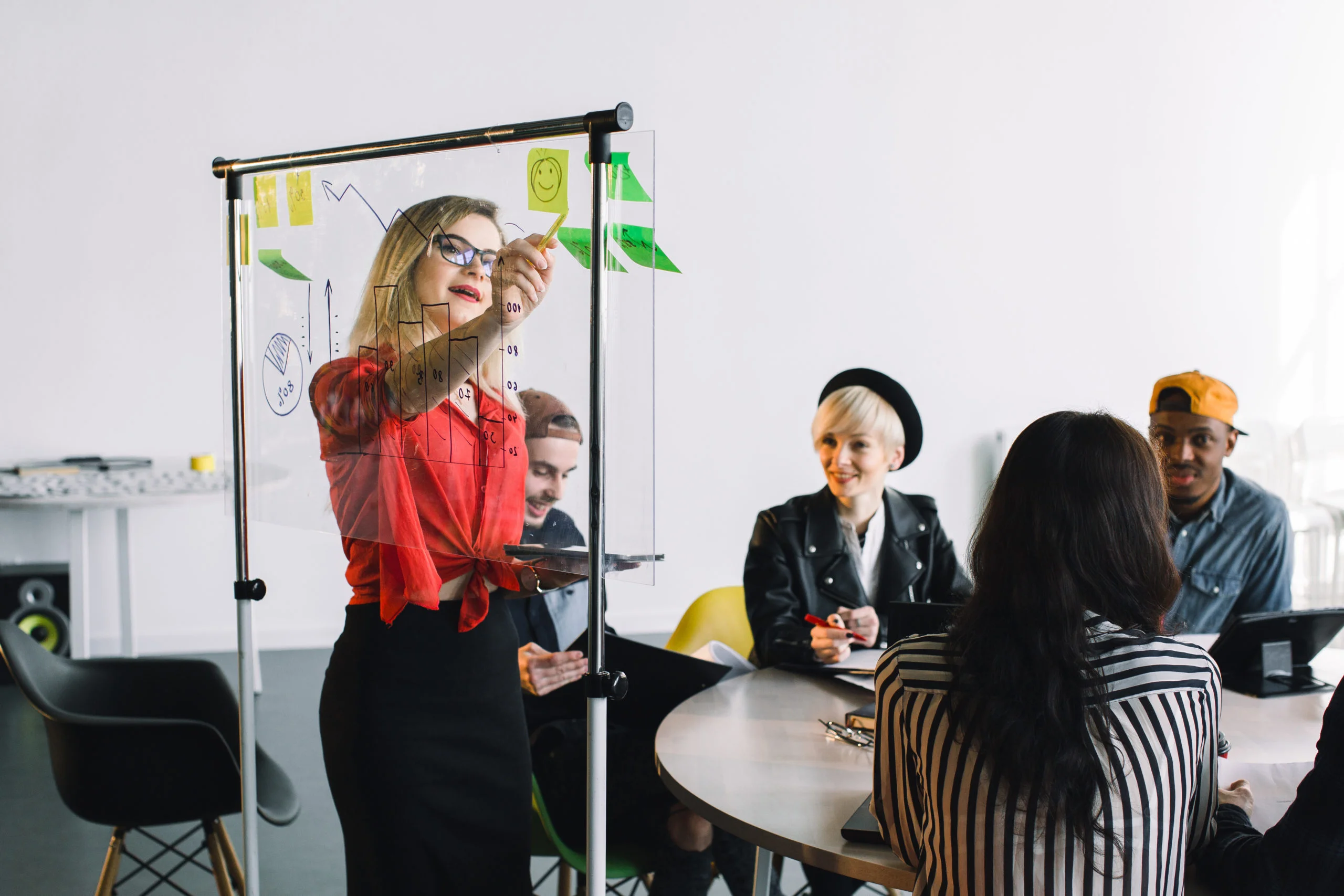 young female team leader of talented freelances organizing work of members motivates and