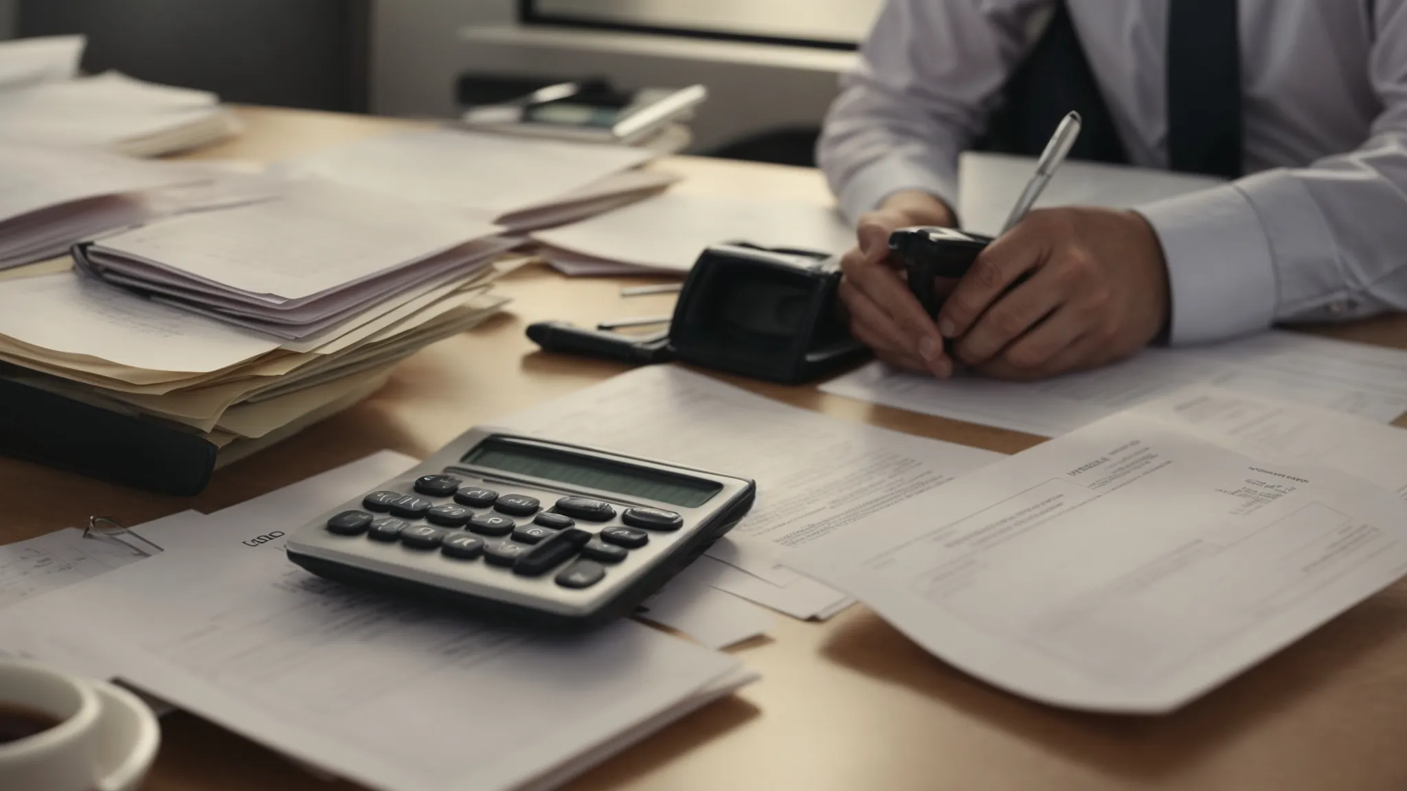 a person sitting at a desk surrounded by tax forms and a calculator.