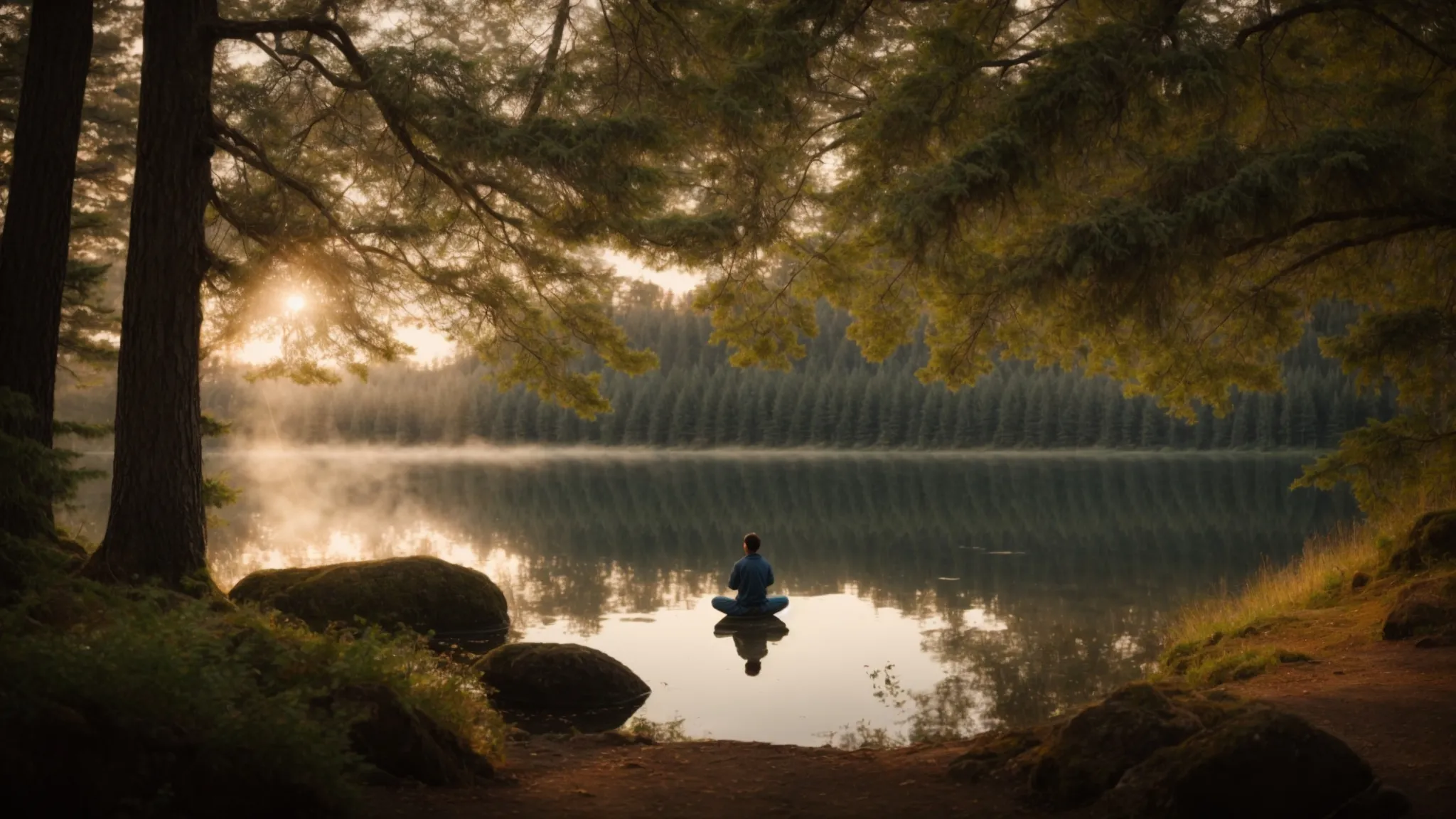 a serene lake surrounded by forests with a person meditating on the shore at sunrise.