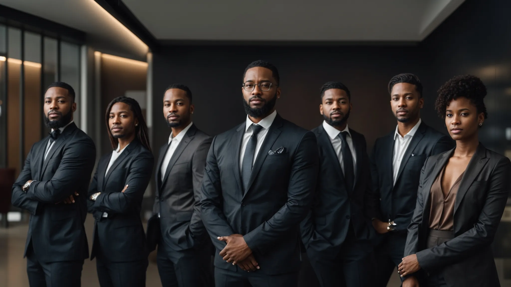 a row of diverse professionals standing against a sleek, modern office background, representing different services beneficial for a business.