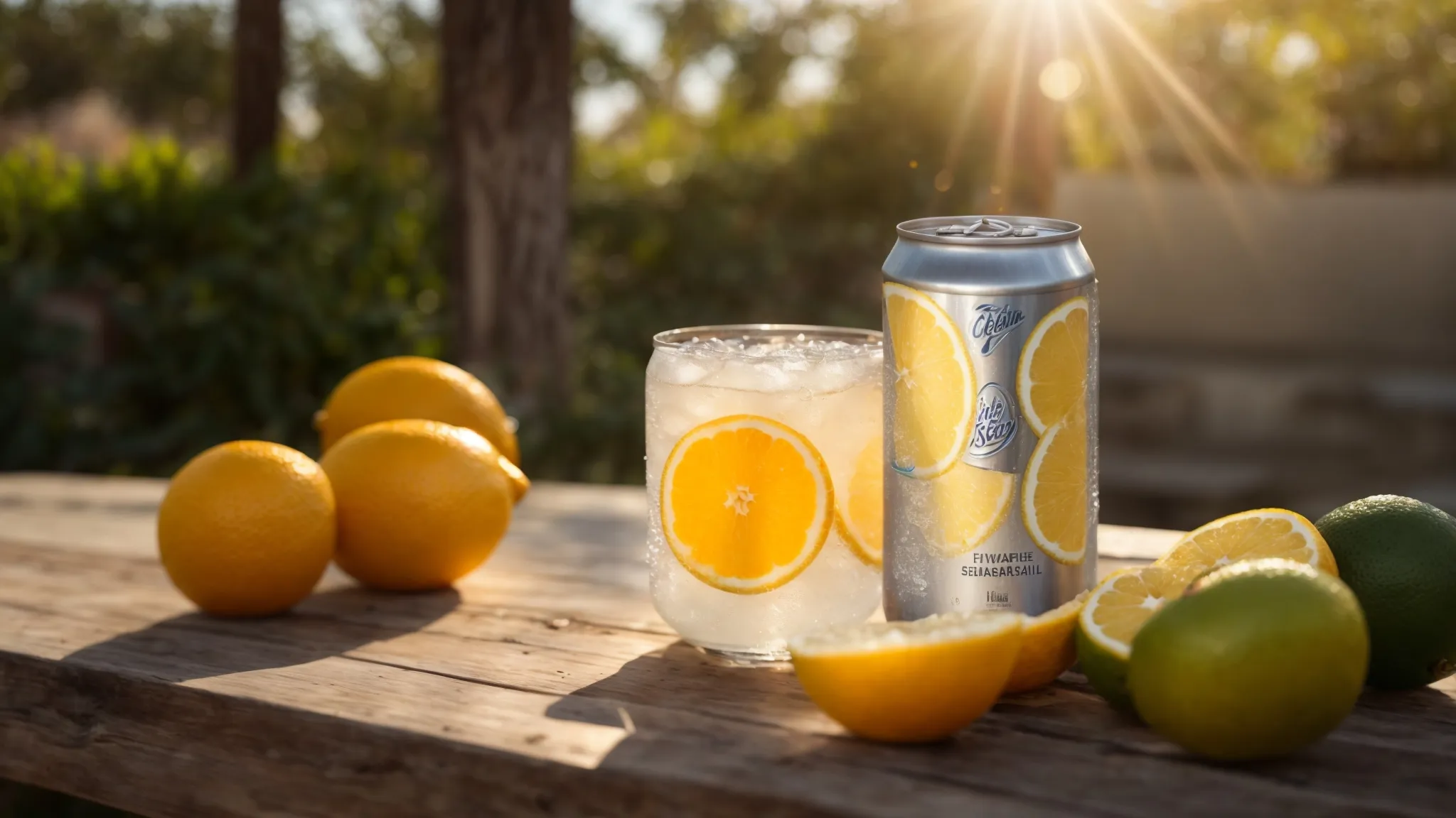 a chilled can of seltzer sits on a sunlit outdoor table surrounded by fresh citrus fruits.