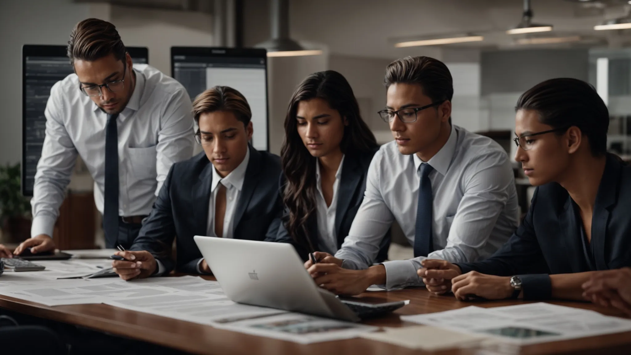 a sales team gathers around a table, examining charts and discussing strategies on their computers.