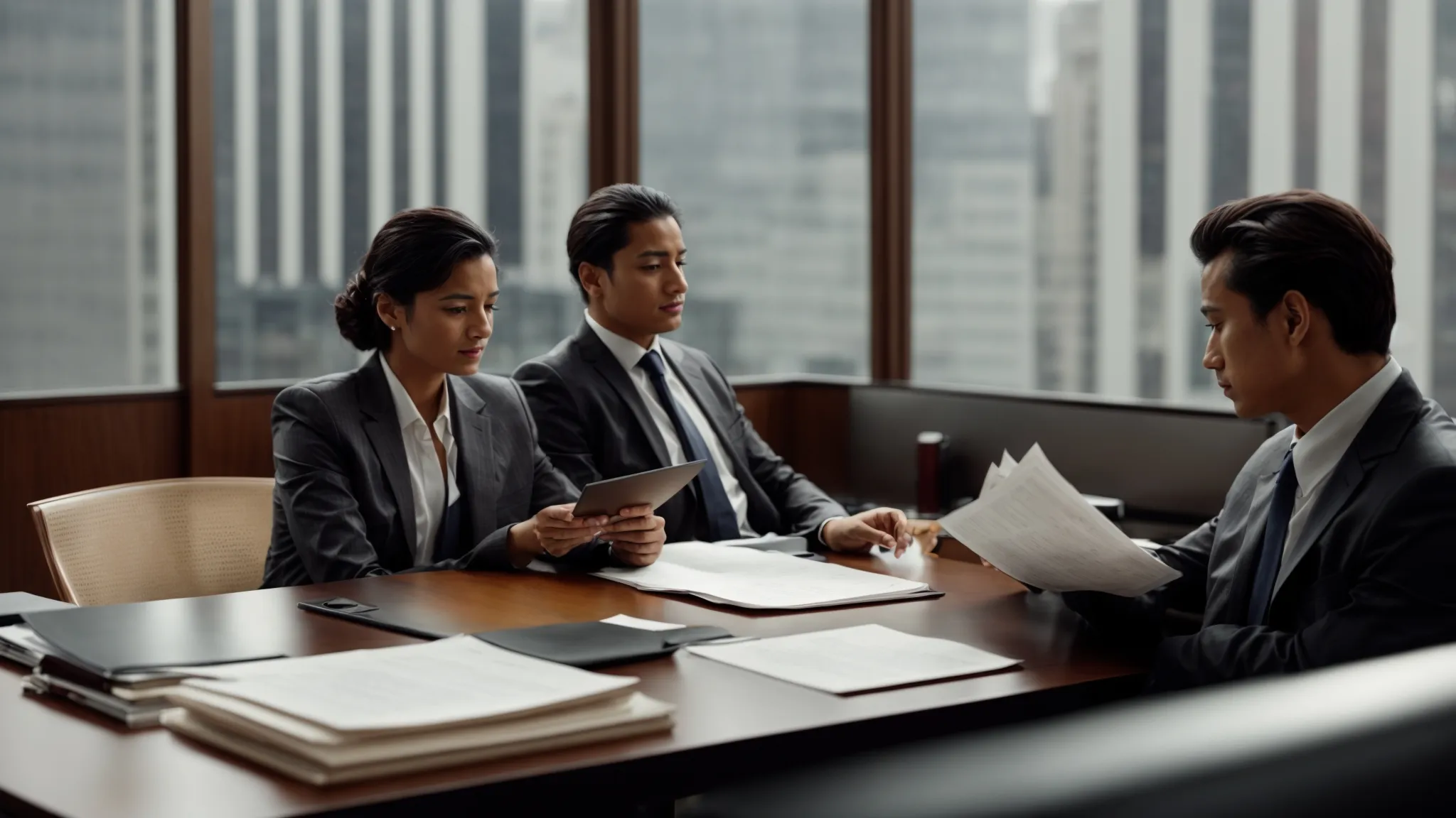 a lawyer discussing documents with a client in an office.