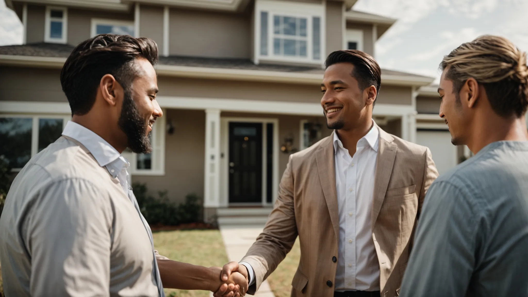 a person shaking hands with a realtor in front of a new house.