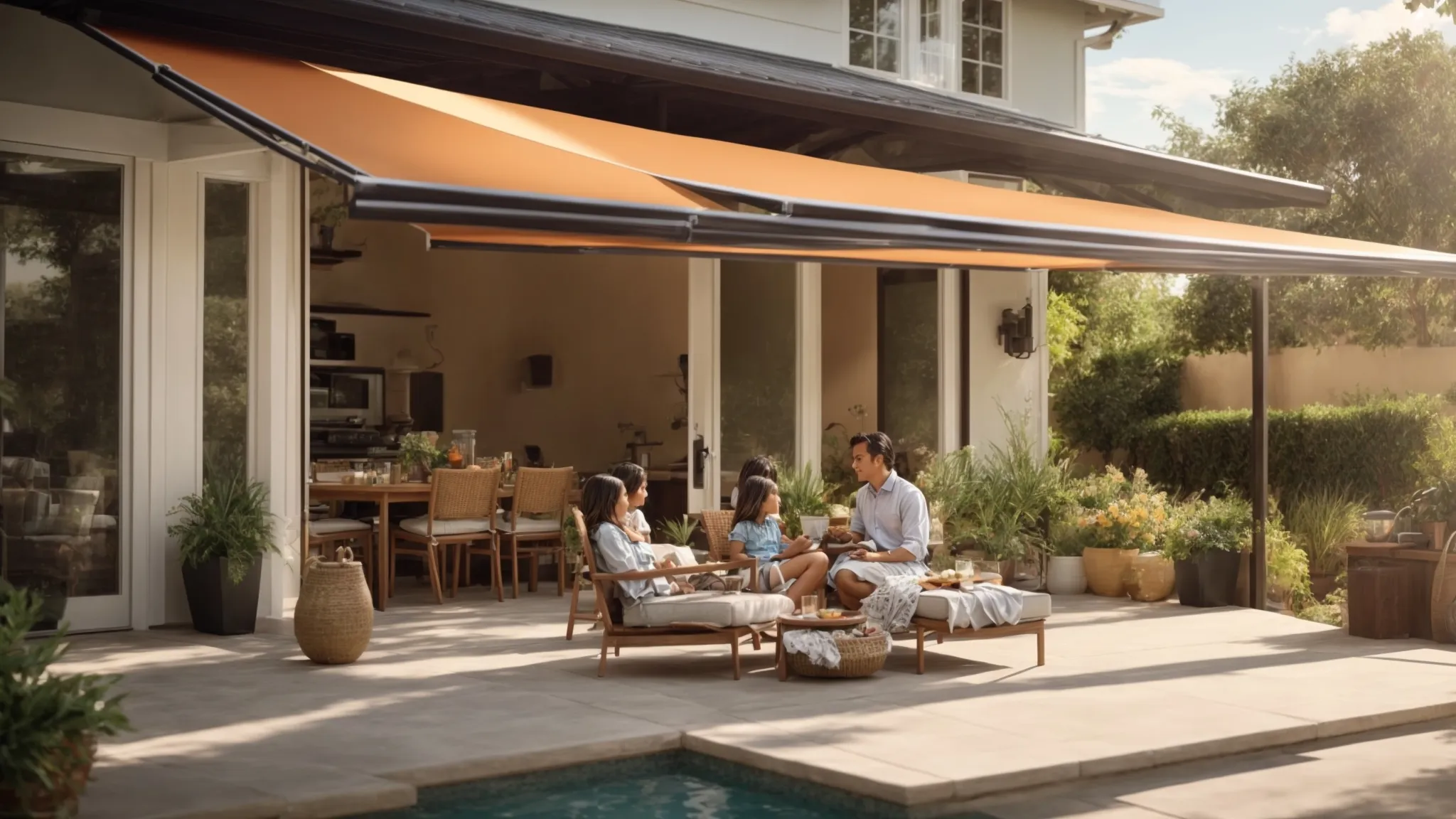 a patio covered by a large, retractable awning providing cool shade to a family enjoying a sunny day outdoors.