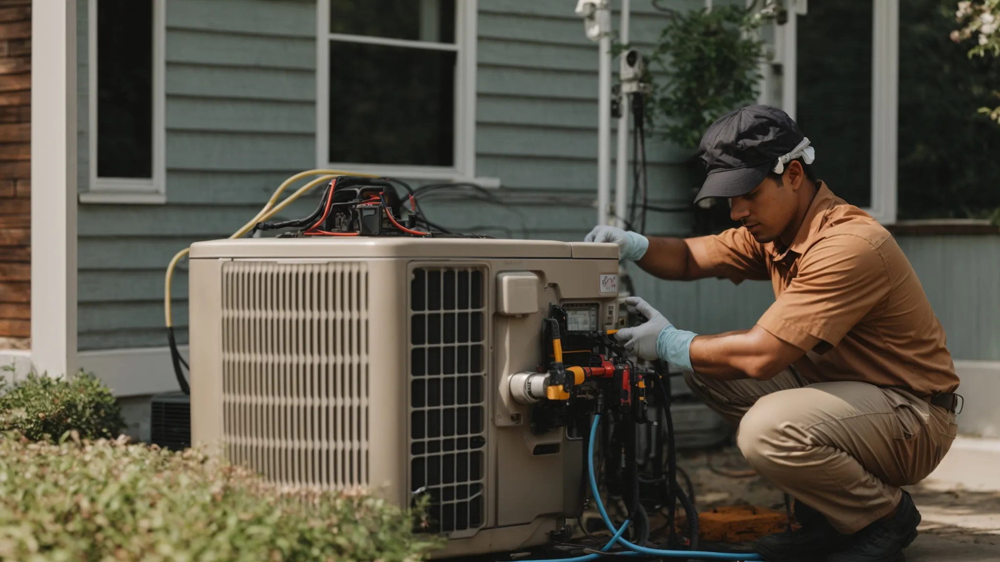 a technician is using tools to fix an air conditioning unit outside a home.