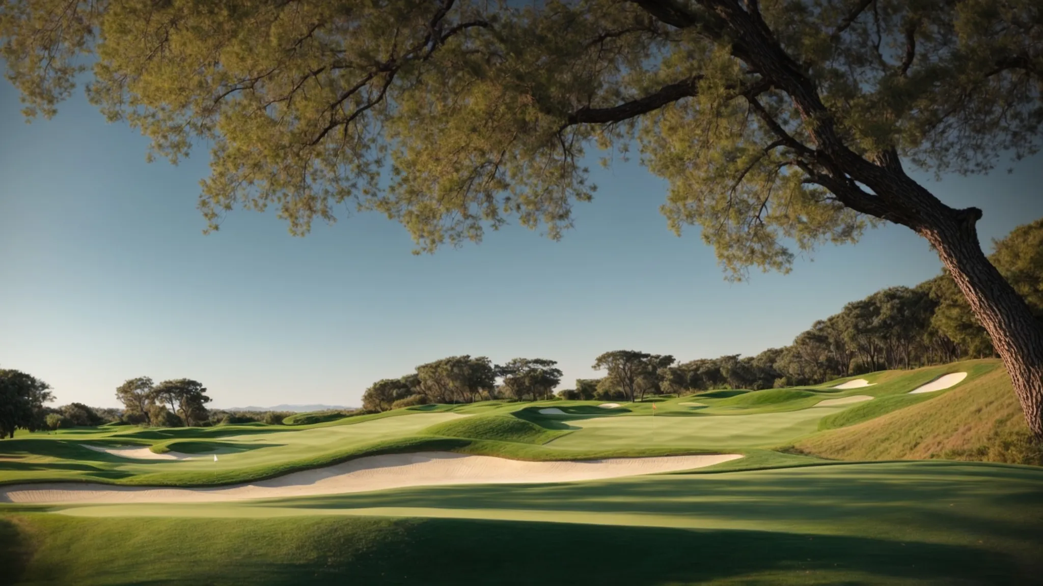 enjoy a serene golf course with lush fairways under a clear blue sky.