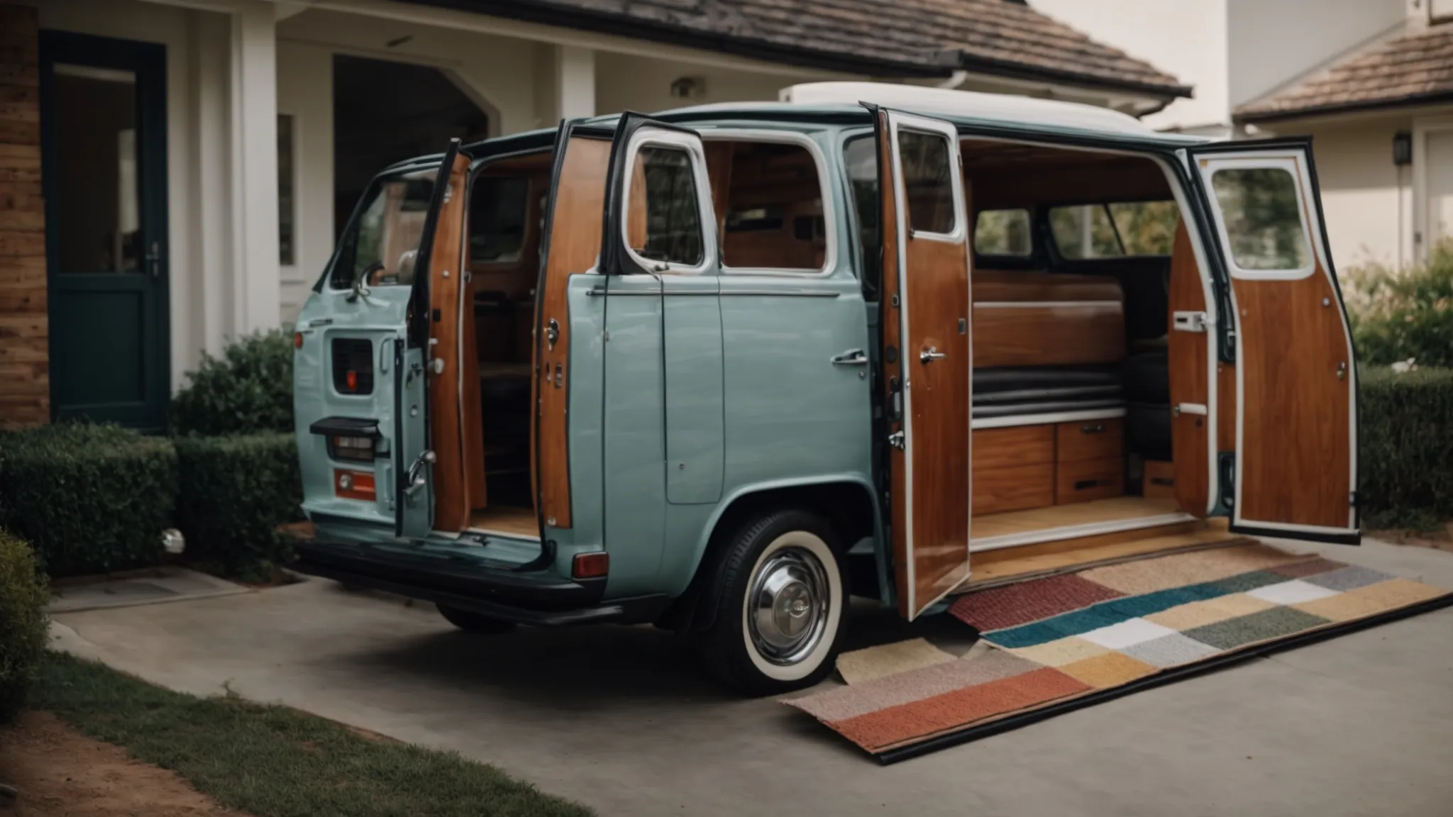 a van parked outside a home with various flooring samples visible through its open back doors.