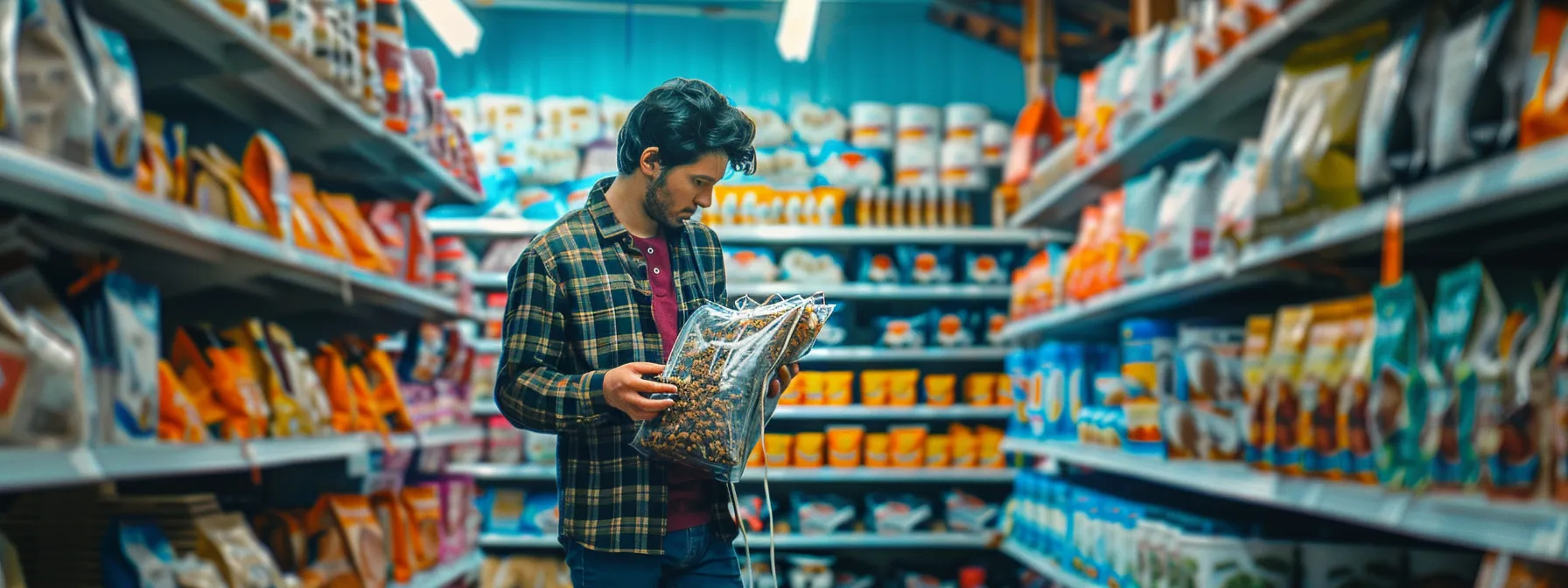 a professional business person holding a bag of badlands ranch dog food in front of shelves stocked with various formulas.