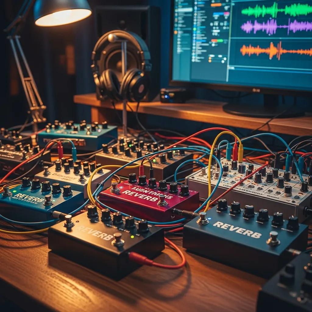 Audio effects equipment including reverb and delay pedals on a music producer's desk