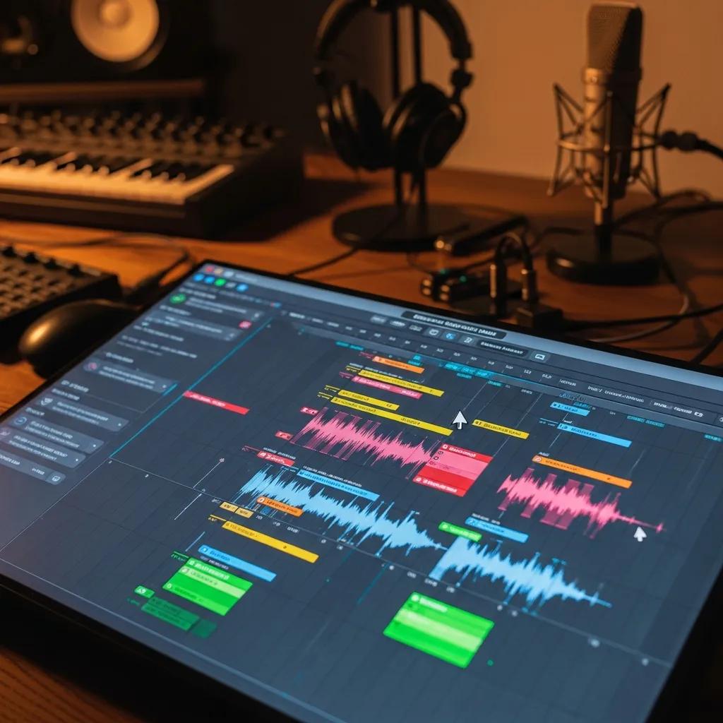Close-up of a digital audio workstation displaying beat slicing techniques with colorful waveforms