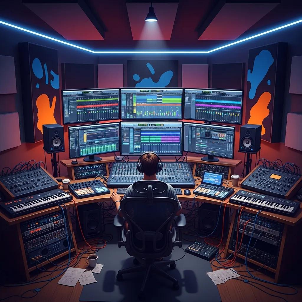 Music producer in a modern studio with digital audio workstations and vibrant sound wave visuals