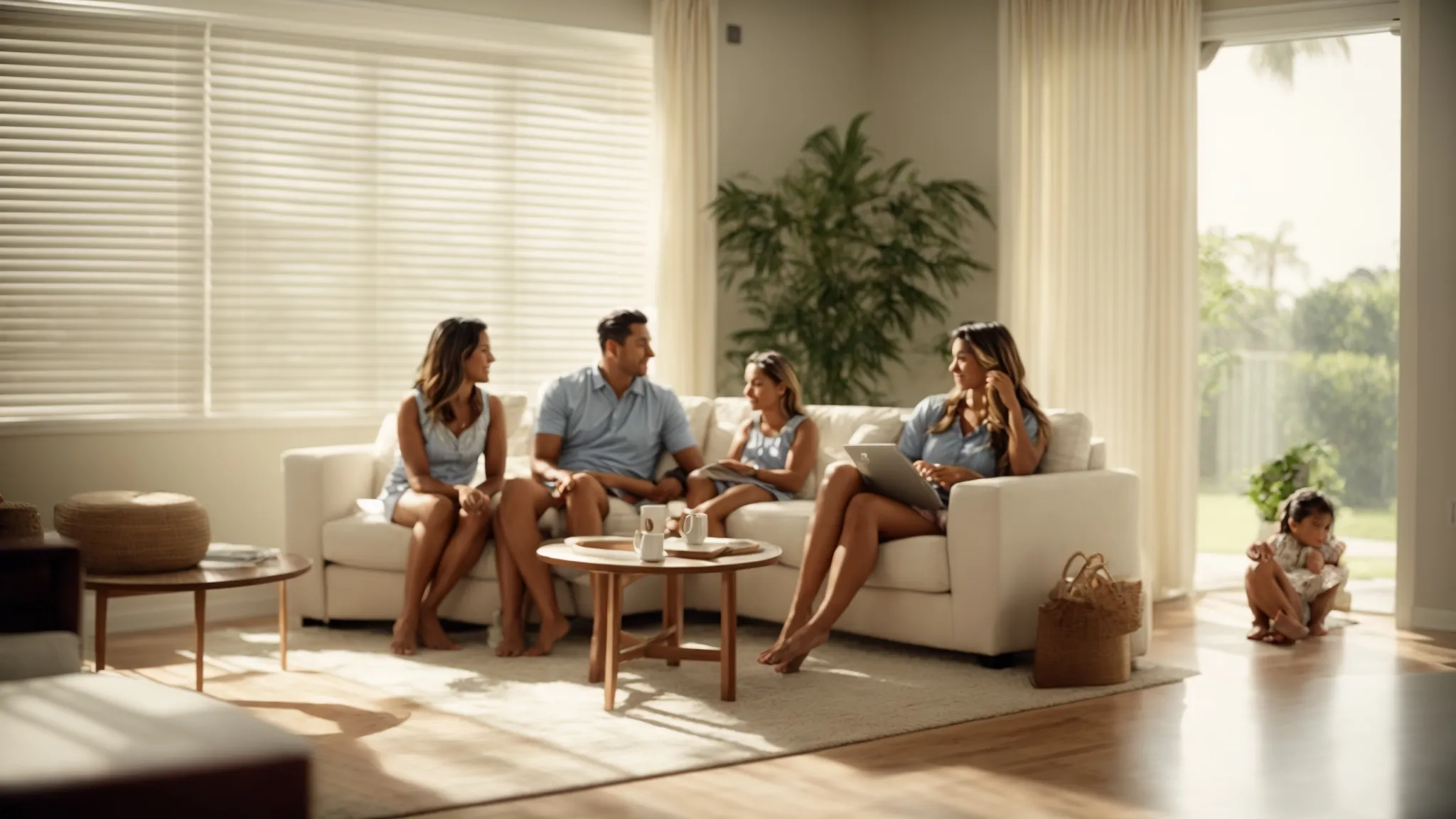 a family relaxing in a well-lit, spacious living room, enjoying the cool breeze from an air conditioning unit on a hot naples, florida afternoon.